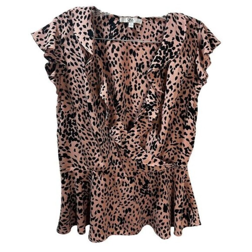 NEW Q&A Pink Leopard Ruffle Wrap Blouse Large‎